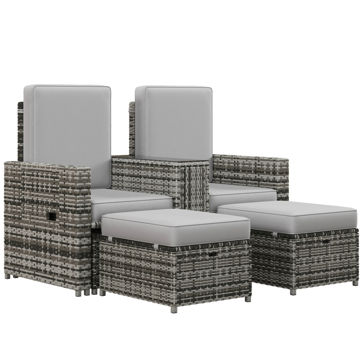 Outsunny Recliner Rattan Sun Lounger w/ Storage Tea Table & Footstools - Grey
