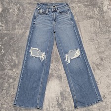 American Eagle Women's Super High Rise Baggy Wide Leg Distressed Jeans Size 2