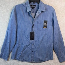 Marc Anthony Shirt Men Medium Blue Denim Long Sleeve Slim Fit Button Front NEW