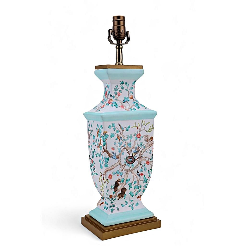 Blue, White Chinoiserie Baluster Lamp.Bronze Accents.Hand Painted.With Lampshade