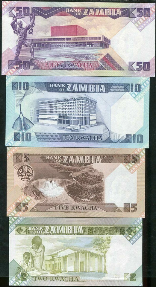 Mazuma *F830 Zambia 1980 2,5,10,50 Kwacha Total 4Pc (Random) Set UNC - Image 2 of 2