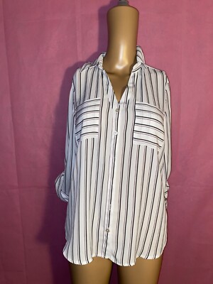 BCX Women White Polyester Collared Striped Roll Tab Sleeves Button-Up Top Size S