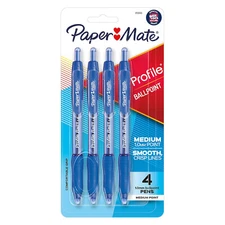 Paper Mate Ballpoint Pen, Profile Retractable Pen, Medium (1.0mm), Blue, 4 Pack