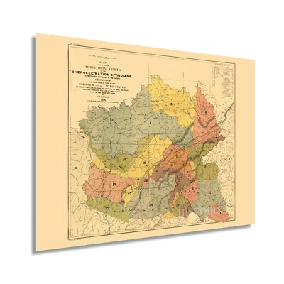 HISTORIX 1884 Cherokee Indian Map - Vintage Former Territorial Limits of Cherokee Poster