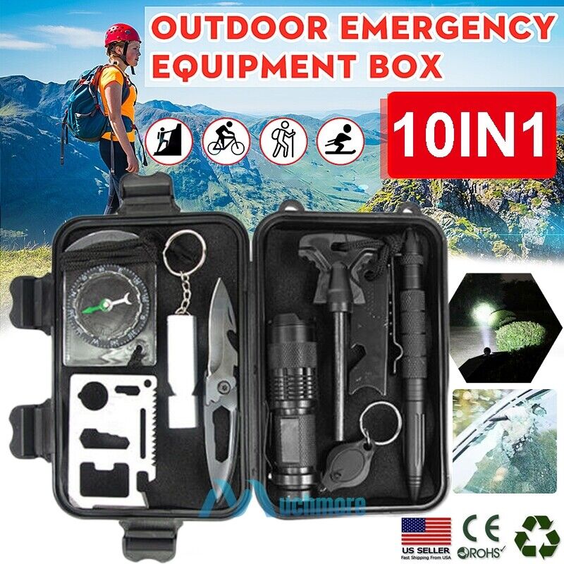 Outdoor Emergency Survival Kit Camping Hiking Tactical EDC Gear Backpack 10IN1