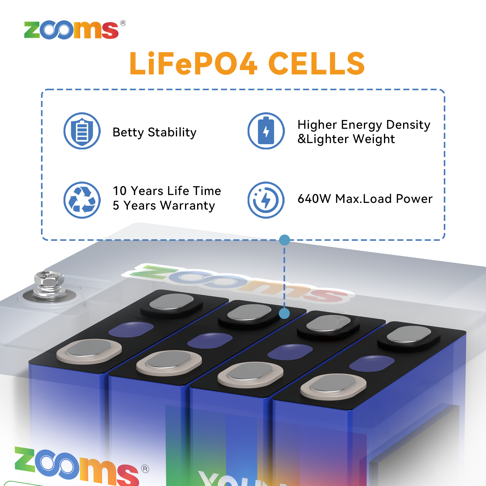 Zooms 12V 50Ah LiFePO4 Lithium Battery Deep Cycles for RV Solar Marine