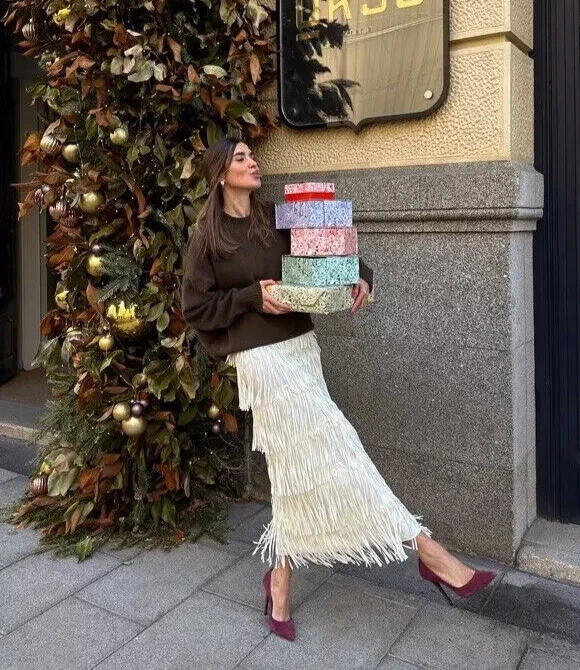 NWT_ZARA FW24 WOMAN FRINGED PENCIL MIDI SKIRT ZW COLLECTION ECRU | 4786/302,M,XL - Image 2 of 4