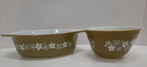 Pyrex Oval Dish 043 1 1/2 qt & Round Bowl 401 Spring Blossom Olive Green Vintage