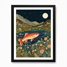 William Morris Chinese Red Fish Art Framed Wall Art Poster Canvas Print Picture