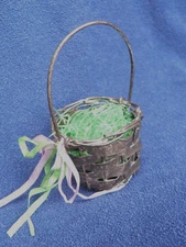 Antique Miniature Metal Doll House Basket 3.5" Easter Grass