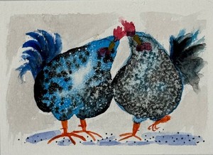 Original  ACEO whimsical Chickens Watercolor Painting OOAK signed miniature art