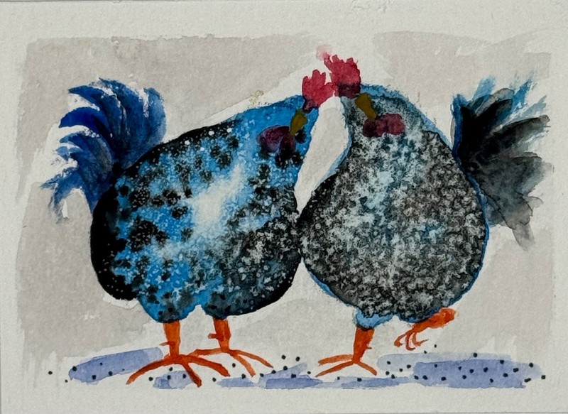 Original  ACEO whimsical Chickens Watercolor Painting OOAK signed miniature art