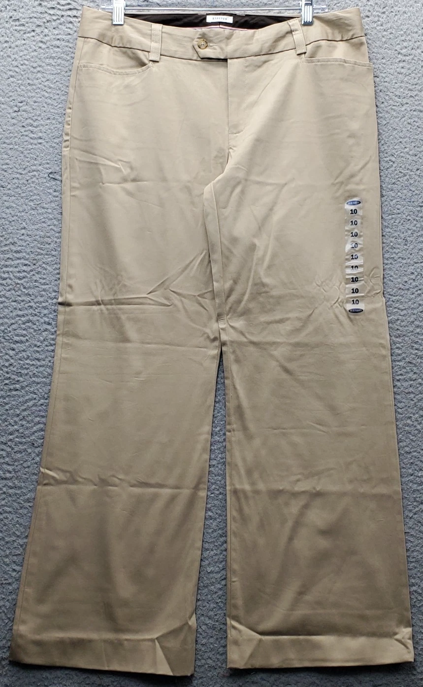Old Navy khakis Trouser Pants Women 10 Tan Stretch Flat Front Low Waist Wide Leg