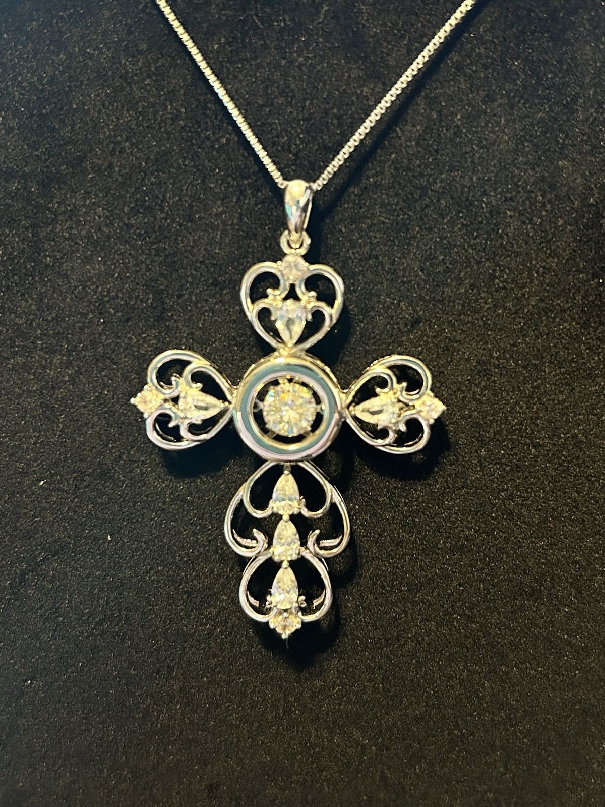 Strontium Titanate & White Zircon Silver Cross Pendant With Chain