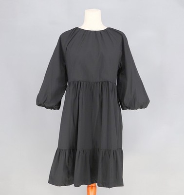 CHICO'S A-Line Poplin Gathered Tiered Dress Balloon Sleeve Black Size 0/US 4