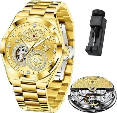 LOUIE JUELEN Gold Automatic Watch Self-Winding Stainless Steel 42mm - NIB