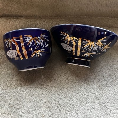 Vintage Japanese 4 Piece Porcelain Bowl And Cup Set-Rice/Soup Bowls And Tea Cups