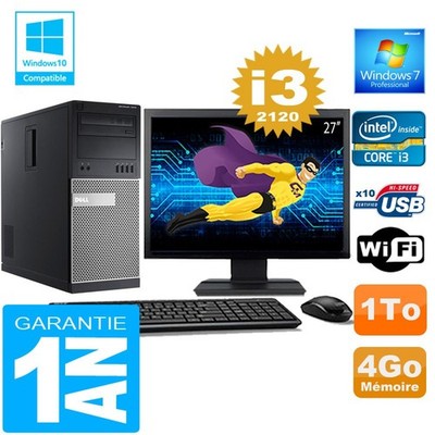 PC Tour DELL 7010 Core I3-2120 Ram 4Go Disque 1 To Wifi W7 Ecran 27''