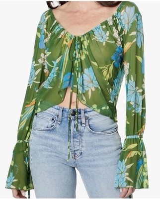 Free People Green Floral Mesh Sheer Piece of Paradise Bell Sleeves Blouse Top S