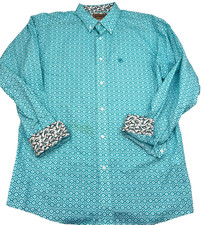 ARIAT Mens Wrinkle Free Flip Cuff Geometr Button Down L Aqua Blue Designer