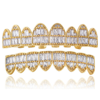 Hip Hop Grillz Set – 8 Top & 8 Bottom, 5A+ CZ, 18K Gold Plated, Adjustable Bling Teeth