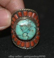 1.4" Old Tibetan Silver Inlaid Turquoise Coral Stone Jewelry Finger Ring Rings