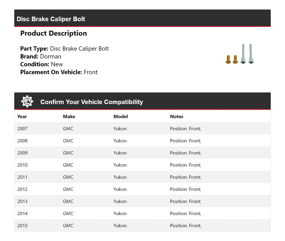 For 2007-2015 GMC Yukon Dorman Disc Brake Caliper Bolt Front 2008 2009 2010 2011 - Image 2 of 4