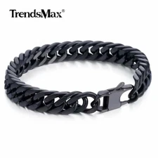 10mm Wide Black Double Curb Link Rombo Mens Chain Bracelet 316L Stainless Steel