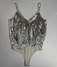 Lovers + Friends Women Silver White Sequin Ever Bodysuit Sz XS Excellent Cond