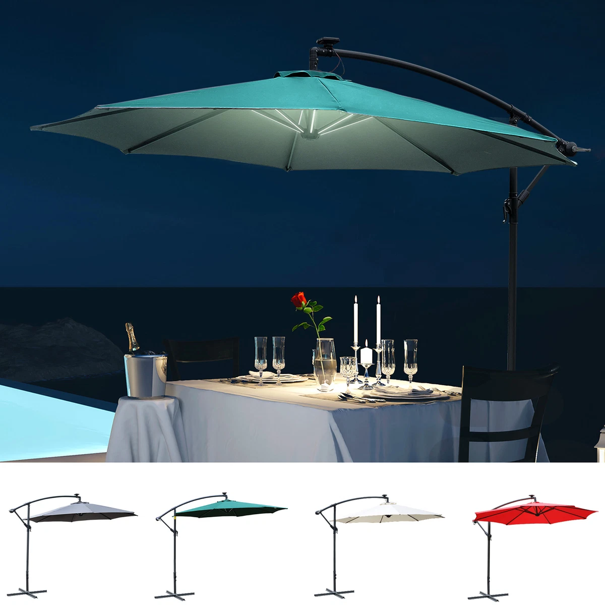 3(m) LED Patio Banana Umbrella Cantilever Parasol w/ Solar Lights Crank  Handle | eBay