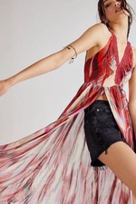 NEW FREE PEOPLE Sz S SIREN MAXI TOP PRINTED LACE TRIMMED SLIT MAXI SLIP RED