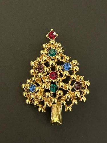 Vintage Eisenberg Goldtone Colorful Rhinestone Christmas Tree Brooch