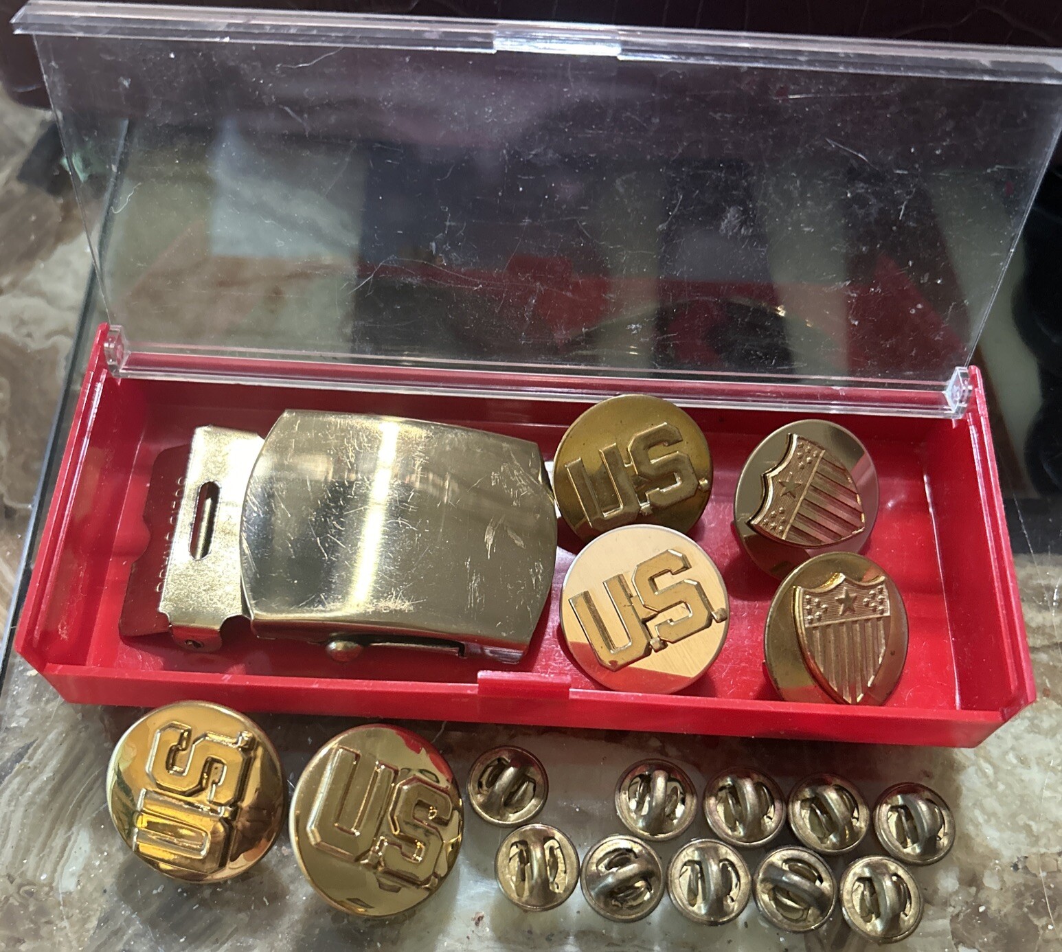 Military Brass Belt Buckle , Two Sets Of Lapel Pins NS Meyer/ Denmark NY M 9