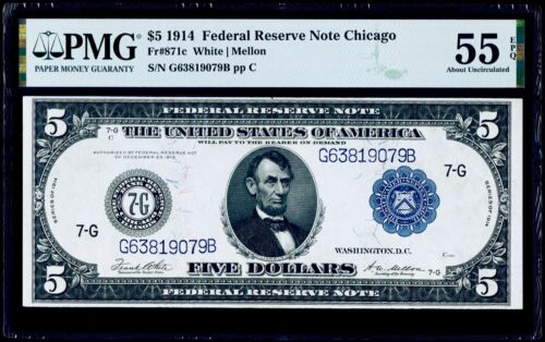 $5 1914 Federal Reserve Note Chicago Fr#871c PMG 55 EPQ About Uncirculated - Picture 1 of 3