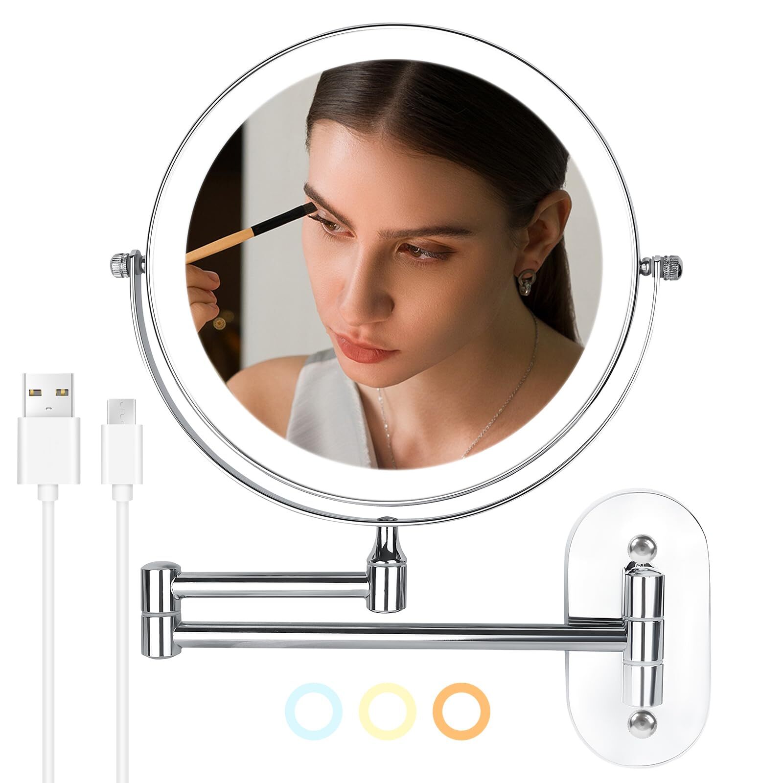 Wall Mount LED Makeup Mirror with 3 Light Colors & Magnification-image