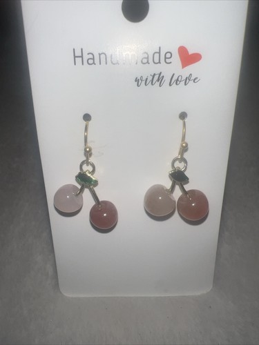 Rosa Kirsche Ohrringe mit Gold, Haken baumeln, Mode, Damen, Kirschen, Obst - Bild 1 von 4