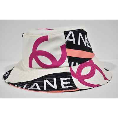 Chanel 22S Black White Pink Beige Fabric CC Logo Sun Cloche Bucket