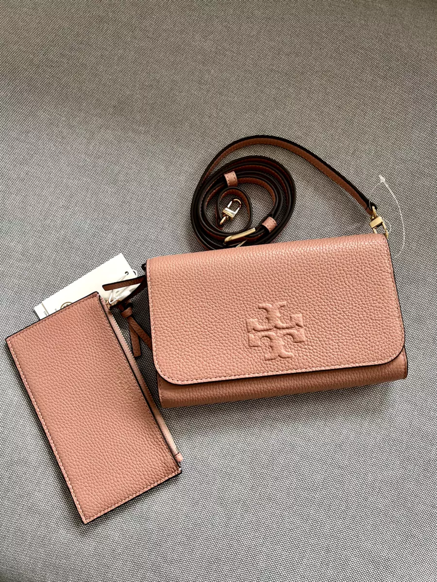 Tory Burch Women's Thea Flat Wallet And Pink Pebbled Leather Crossbody 75029