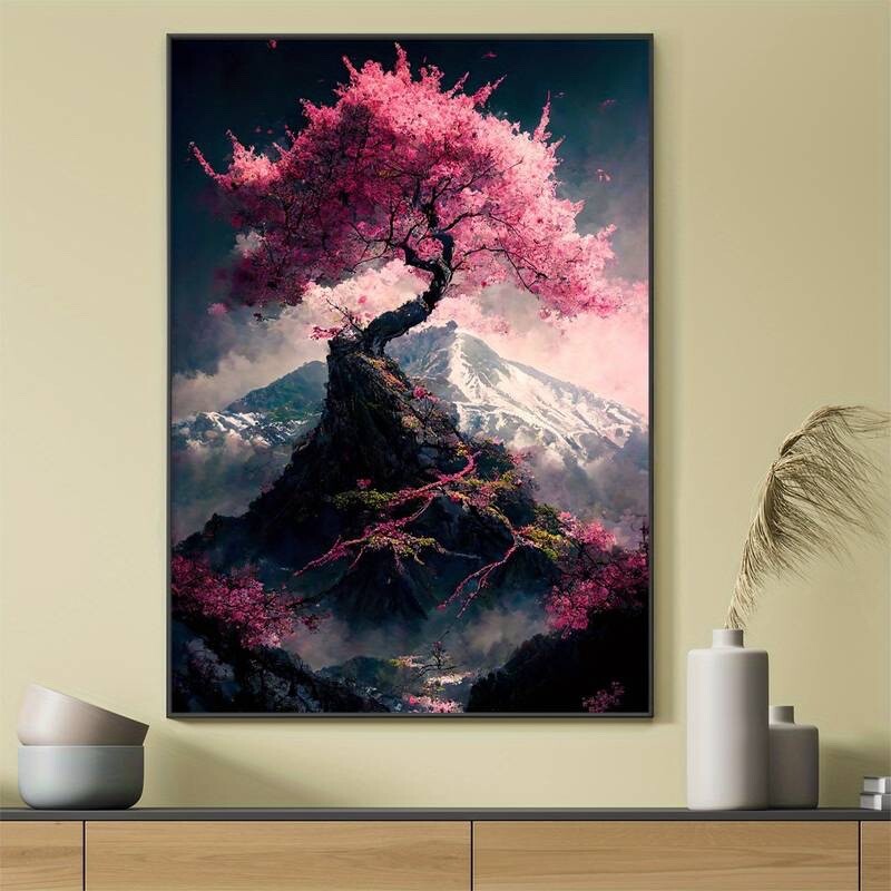 Japanese Oriental Cherry Tree Mount Fuji Painting Canvas Wall Art ...