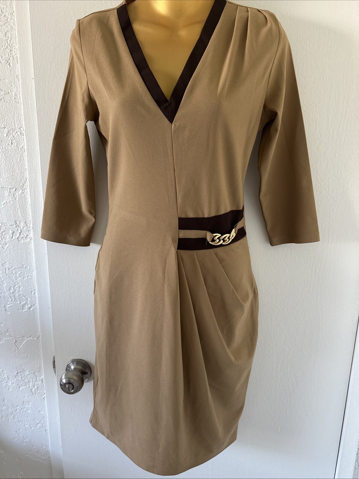 Khaki dress tan color 3/4 sleeves knee length pencil dress gold detailed V-neck