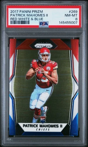 2017 PANINI PRIZM RED WHITE & BLUE #269 PATRICK MAHOMES II ROOKIE RC PSA 8