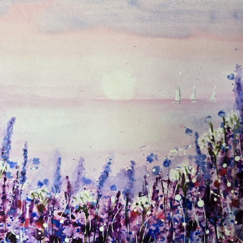 Original Wildflowers Coastal Landscape Watercolour Painting Floral Boats Framed - Picture 13 of 19