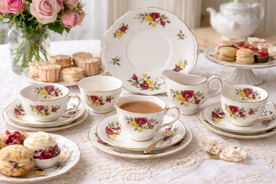 Crown Essex ''Richmond Rose'' Bone China Teeservice 5 Trios + Kuchenteller Kanne Zuckerbo