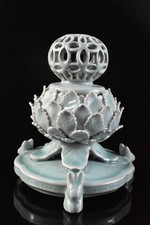 F7871: Korean Goryeo celadon INCENSE BURNER Tea Ceremony, auto w/signed box
