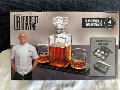 Whiskey Decanter Set, Robert Irvine GLASS 4 Pcs Includes Two Ice Molds Brand New