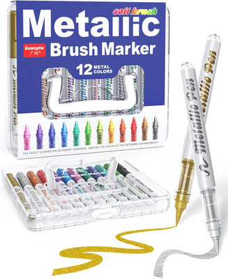 Metallic Marker Pens, 12 Colors Brush Tip Acrylic Paint Markers for Black Paper,