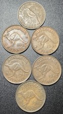 1943 Australia Kangaroo Penny Lot of 5 + 1955 New Zealand One Penny Commonwealth