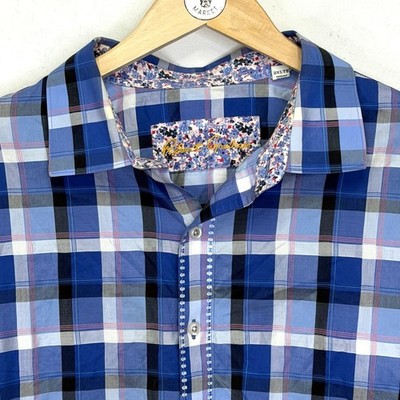 ROBERT GRAHAM Blue Black Plaid Button Up Mens 2XLT Floral Elevated Versatile