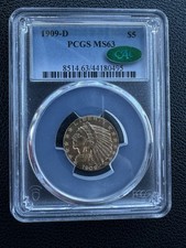 1909-D $5 Indian Head Gold Half Eagle Coin PCGS MS63 CAC Certified