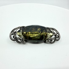 Vintage Musi Black Olive Green Glass Shoe Clip Ornate Silver Tone Brooch Pin